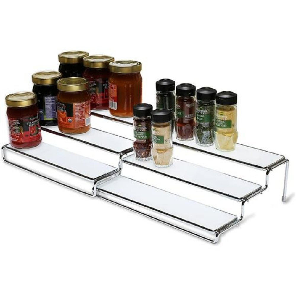 3 Tier Expandable Cabinet Spice Rack Step Shelf Organizer (12.5~25 Inch), Chrome